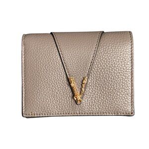 Versace Women's‎ Gray V Logo Gray 100% Leather Card Case Compact Wallet